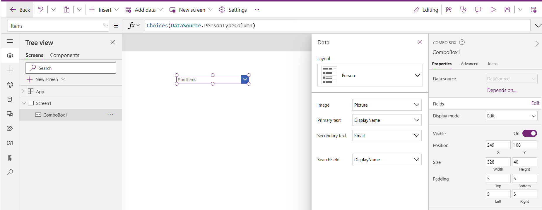 Screenshot of the Power Apps studio showing how to set up a people picker comobobox as explained in the text before the screenshot.